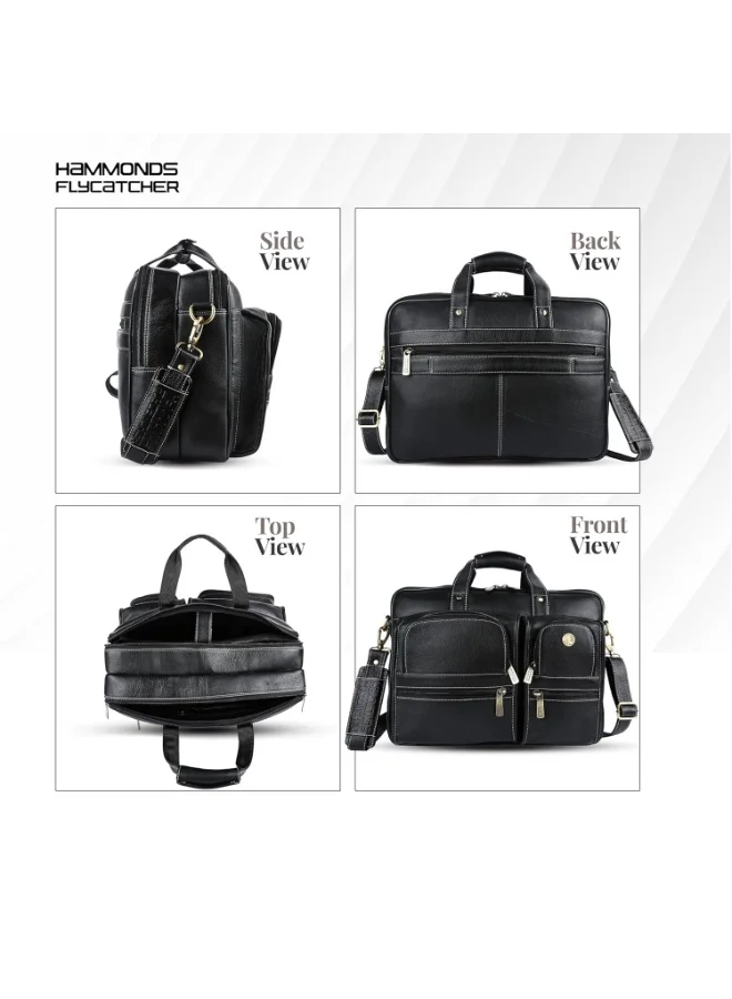 Hammonds Flycatcher  Genuine Leather Office Bag for Men, Premium 15.6 Inch Laptop Bag for Men, Multi Compartments & Adjustable Strap, Ideal for Office, Travel, Daily Use-LB136 BLK  | Best Price UAE